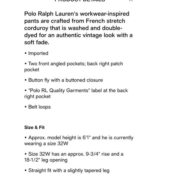 NEW Polo Ralph Lauren Men's Straight Fit Stretch Corduroy Pants Brown 38W X 32L - Picture 5 of 5